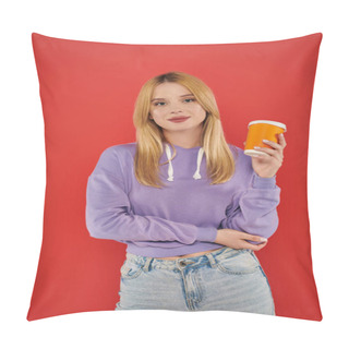 Personality  Takeaway Drink, Youthful Fashion, Blonde Young Woman In Casual Attire Holding Paper Cup On Coral Background, Happiness, Looking At Camera, Vibrant Colors, Fashion Forward, Hot Beverage  Pillow Covers