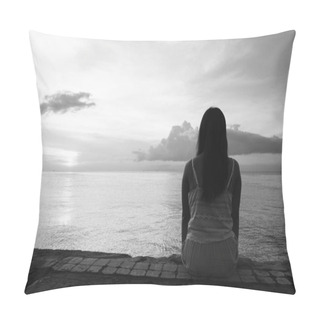 Personality  Silhouette Of Beautiful Woman Sitting Alone On Back Side Outdoor At Tropical Island Beach Missing Boyfriend And Family In Summer Sunset. Sad And Lonely Concept In Black And White Colour. Pillow Covers