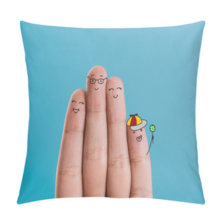 Personality  Cropped View Of Cheerful Fingers Family Isolated On Blue Pillow Covers