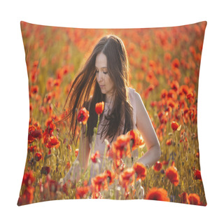 Personality  Young Girl In A Field With Red Poppies Pillow Covers