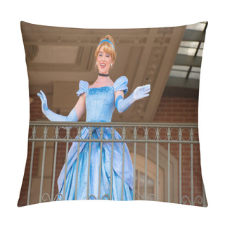 Personality  Orlando, Florida. August 04, 2020. Cinderella Waving From The Balcony At Walt Disney World Railroad At Magic Kingdom (140) Pillow Covers