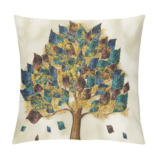 Personality  3d Mural Wallpaper. Colorful Tree With Turquoise, Blue And Brown Leaves In The Drawing Background. Drawing Golden Objects. Pillow Covers