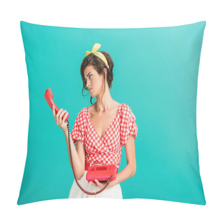 Personality  Offended Pin Up Woman Holding Handset Of Vintage Phone Isolated On Turquoise Pillow Covers