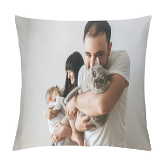 Personality  Portrait Of Happy Parents Holding Little Toddler Boy And Grey Cat At Home Pillow Covers