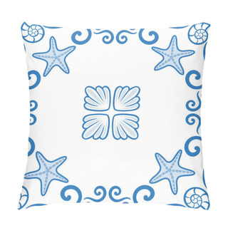 Personality  Seamless Pattern. Ornate Azulejo Styled Tiles With Seaside Theme. Starfish And Shells. Marine Theme In Blue Color. Vector Illustration. Portuguese And Brazilian Tiles. Pillow Covers