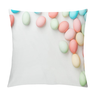 Personality  Top View Of Scattered Pastel Easter Eggs On White With Copy Space Pillow Covers