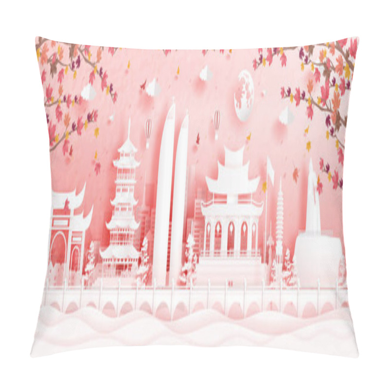 Personality  Autumn In Xiamen, China With Falling Maple Leaves And World Famous Landmarks In Paper Cut Style Vector Illustration Pillow Covers