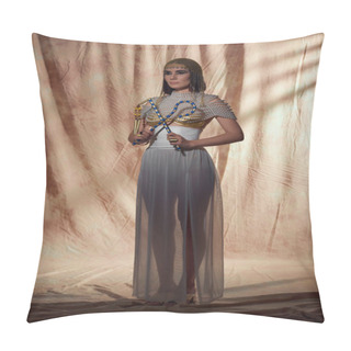 Personality  Fashionable Woman In Egyptian Headdress And Pearl Top Holding Flail And Crook On Abstract Background Pillow Covers
