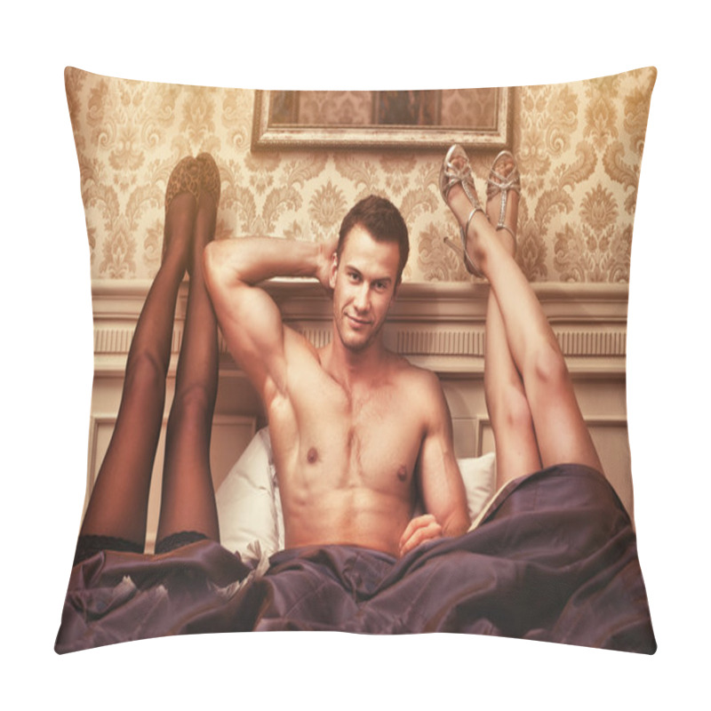 Personality  Young man with two women in bedroom pillow covers
