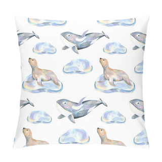 Personality  Watercolor Fur Seals On Ice Floes And Whales Seamless Pattern, Hand Painted On A White Background Pillow Covers