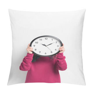 Personality  Girl Holding Clock Over Her Face Isolated On White Pillow Covers
