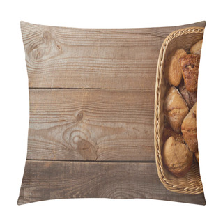 Personality  Top View Of Wicker Basket With Fresh Baked Buns On Wooden Table Pillow Covers
