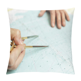Personality  The Captain Measures The Distance On The Map With A Compass. Close-up. Pillow Covers