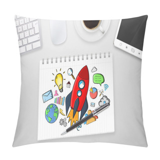 Personality  Red Hand Drawn Rocket With Icons On Office Background Pillow Covers
