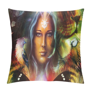 Personality  Painting Mighty Lion And Tiger Head, And Mystic Woman Face With Bird And Butterfly, Ornament Background. Computer Collage, Profile Portrait. Pillow Covers