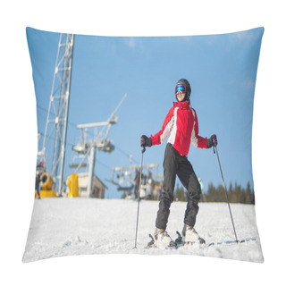 Personality  Woman Skier With Ski At Winer Resort In Sunny Day Pillow Covers