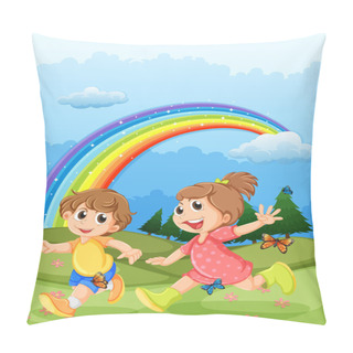 Personality  Kids Playing At The Hilltop With A Rainbow In The Sky Pillow Covers