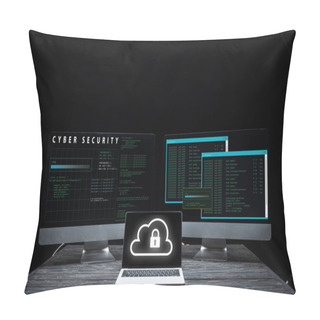 Personality  Laptop With Cloud And Padlock Near Computer Monitors With Cyber Security Lettering Isolated On Black  Pillow Covers