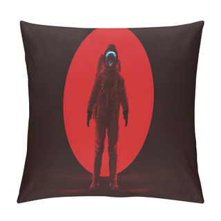 Personality  Astronaut In A Red Space Suit Standing In A Alien Void With A Clear Visor Woman's Face With A Big Red Alien Sphere In A Dark Foggy Void Front View 3d Illustration 3d Render Pillow Covers