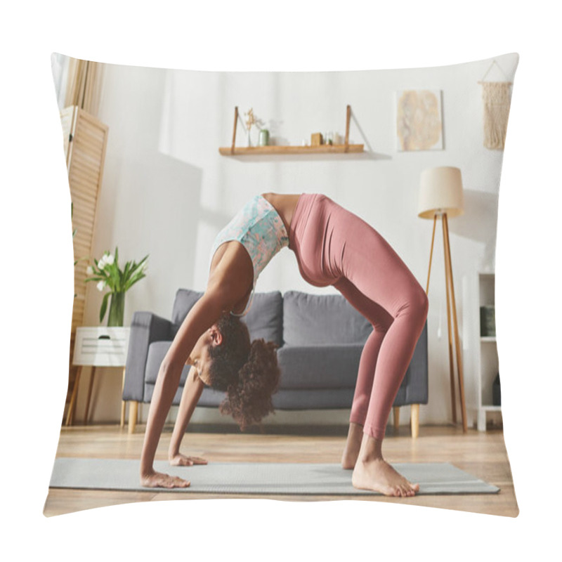 Personality  Curly African American Woman In Active Wear Gracefully Performs A Handstand On A Yoga Mat In A Serene Home Setting. Pillow Covers
