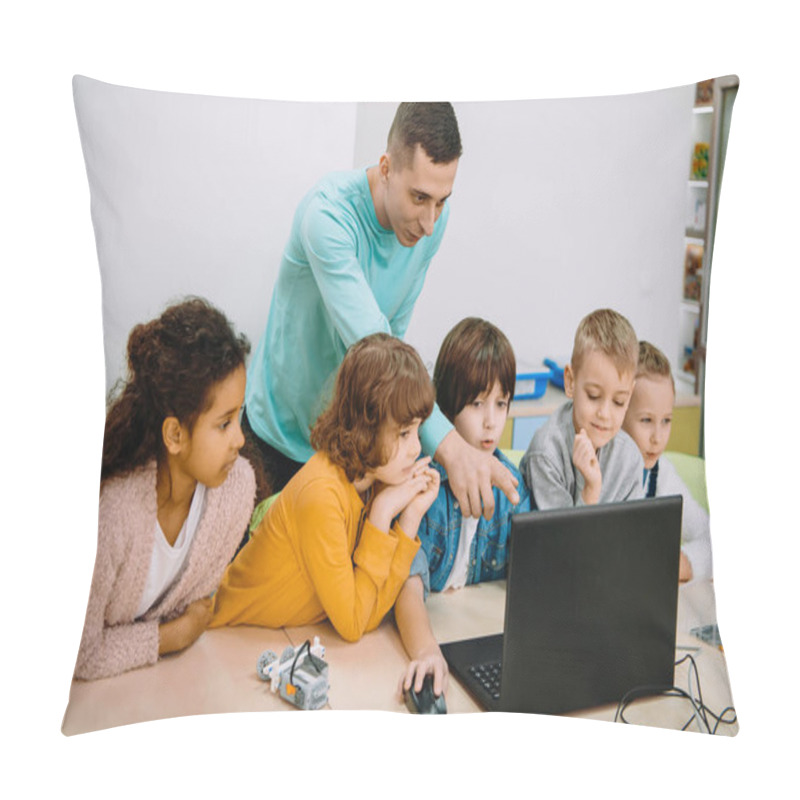 Personality  little kids working with teacher on programming class pillow covers