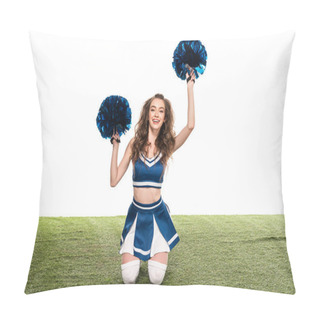Personality  Happy Cheerleader Girl In Blue Uniform Sitting With Pompoms On Green Field Isolated On White Pillow Covers