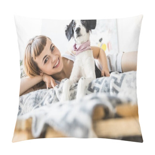 Personality  Portrait Of Happy Woman Looking At Camera While Resting In Bed Together With Puppy Pillow Covers