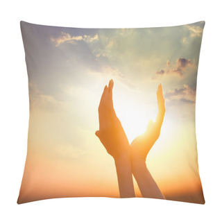 Personality  Hands Holding The Sun At Dawn Pillow Covers
