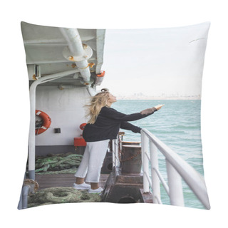 Personality  Side View Of Smiling Woman In Black Sweater Looking At Seagull From Ferry Boat Crossing Bosporus In Istanbul  Pillow Covers