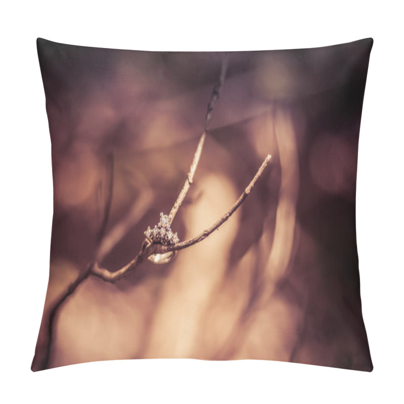 Personality  Beautiful shiny diamond engagement rings placed on a branch, with copy space, dark background pillow covers