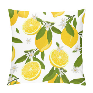 Personality  Lemon Fruits Seamless Pattern With Flowers And Leaves White Background. Citrus Fruits Vector Illustration. Pillow Covers