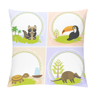 Personality  Toucan Bird, Raccoon, Turtle, Armadillo, Set Of Cards Design  With Funny Animals, Template Banner For Your Text With Round Frame. Vector Pillow Covers