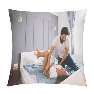 Personality  Beautiful Young Happy Couple Pajamas Having Fun In Bedroom And Tickling  Pillow Covers