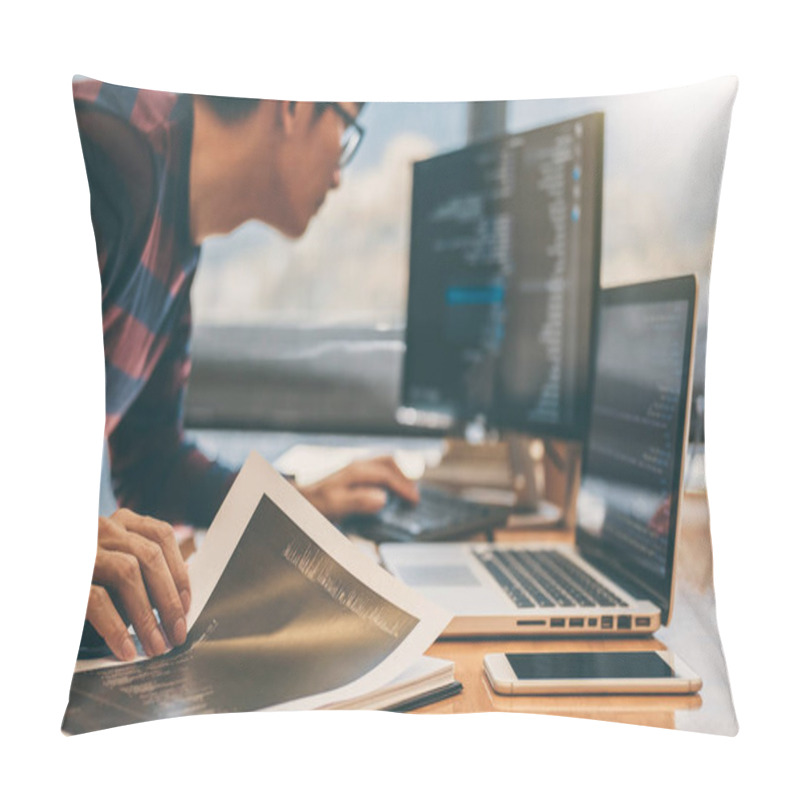 Personality  Professional Development Programmer Working In Programming Website A Software And Coding Technology, Writing Codes And Data Code, Programming With HTML, PHP And Javascript. Pillow Covers