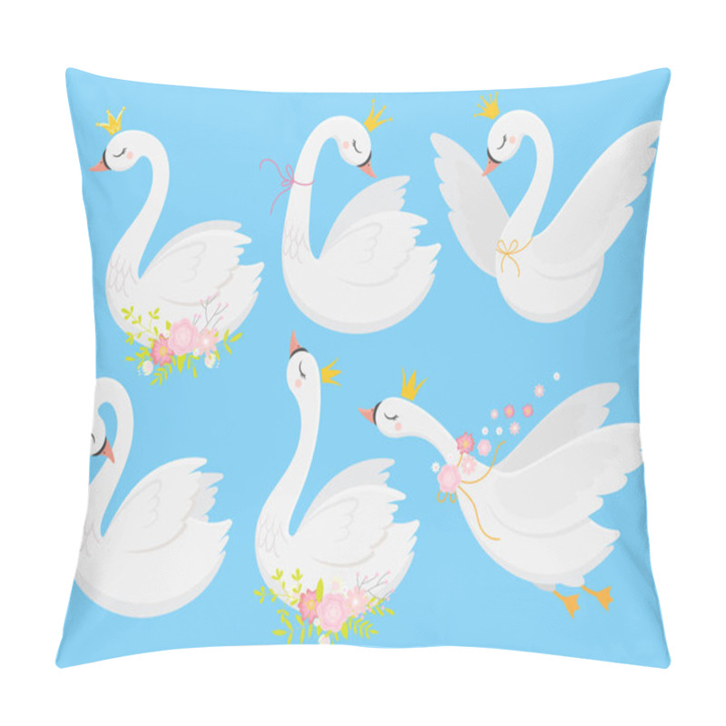 Personality  Cute Princess Swan. Beautiful White Swans In Gold Crown, Cartoon Goose Bird And Duckling Vector Illustration Set Pillow Covers