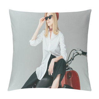 Personality  Attractive Young Woman Sitting On Retro Scooter Isolated On Grey Pillow Covers