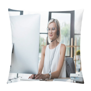 Personality  Selective Focus Of Happy Blonde Operator In Glasses Working In Call Center  Pillow Covers
