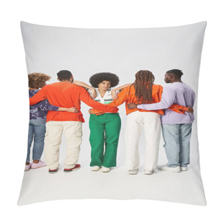 Personality  Curly African American Woman Leaning On Friends Hugging On Grey Background, Juneteenth Concept Pillow Covers