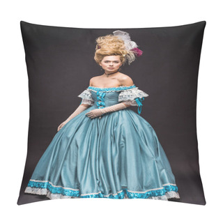 Personality  Beautiful Victorian Woman In Wig Standing In Blue Dress On Black  Pillow Covers