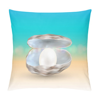 Personality  Bright Pearl In A Opened Sea Shell With Blur Beach Background Pillow Covers