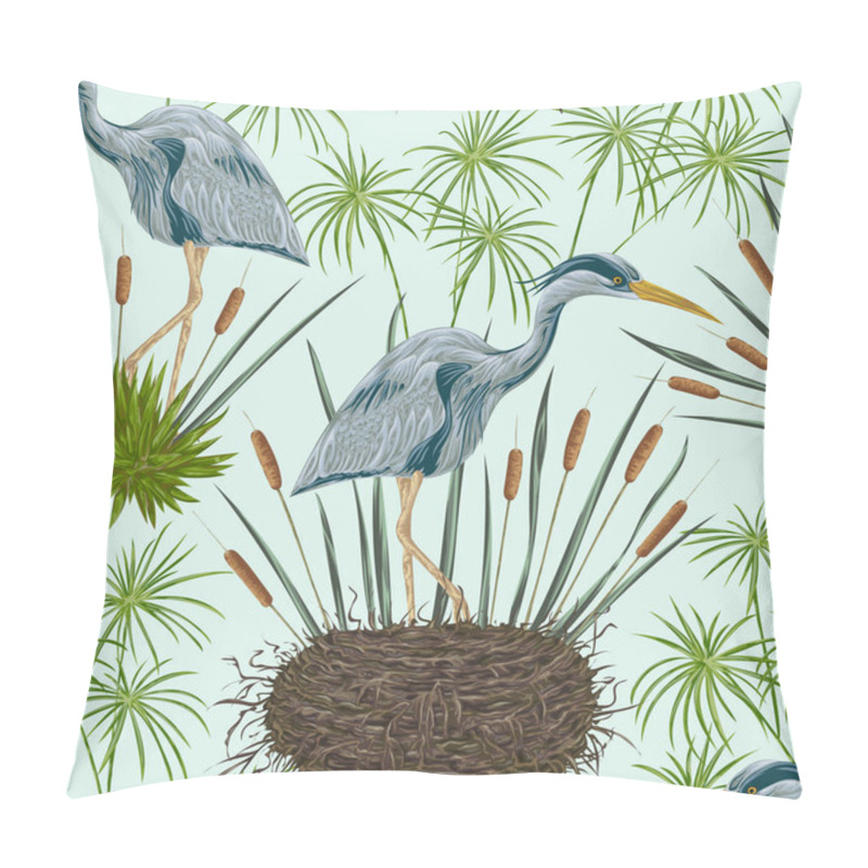 Personality  Seamless pattern with heron bird, nest and swamp plants. Marsh flora and fauna. Isolated elements Vintage hand drawn vector illustration in watercolor style pillow covers