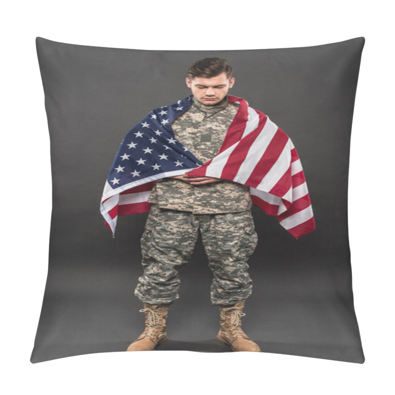 Personality  upset man in military uniform with american flag standing on grey  pillow covers