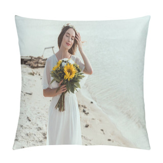 Personality  Happy Girl In White Dress And Floral Wreath Holding Bouquet On Seashore Pillow Covers