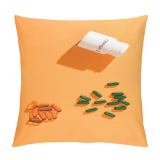 Personality  Top View Of Container With Omega-3 Lettering And Capsules On Orange  Pillow Covers