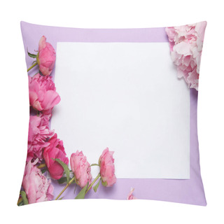 Personality  A Sheet Of Paper Framed By Peonies On A Lilac Background. Pillow Covers