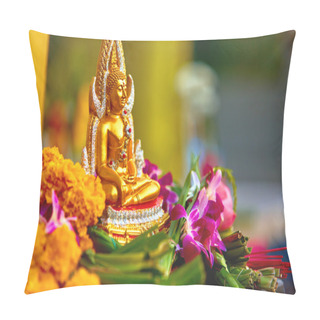 Personality  Religion. Buddha Statue With Flowers At Temple, Thailand. Buddhi Pillow Covers