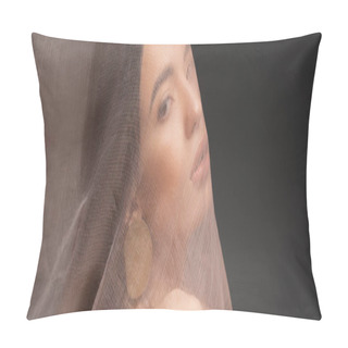Personality  Asian Model With Earring Looking At Camera While Posing Under Cloth Isolated On Black, Banner Pillow Covers