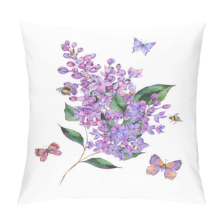 Personality  Spring Watercolor Blooming Lilacs Flowers Greeting Card, Bees And Butterfly. Natural Floral Vintage Illustration Isolated On White Background Pillow Covers