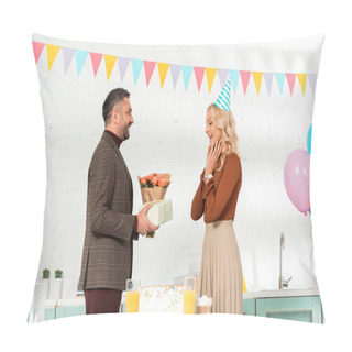 Personality  Smiling Man Presenting Flowers And Gift Box To Amazed Wife Pillow Covers
