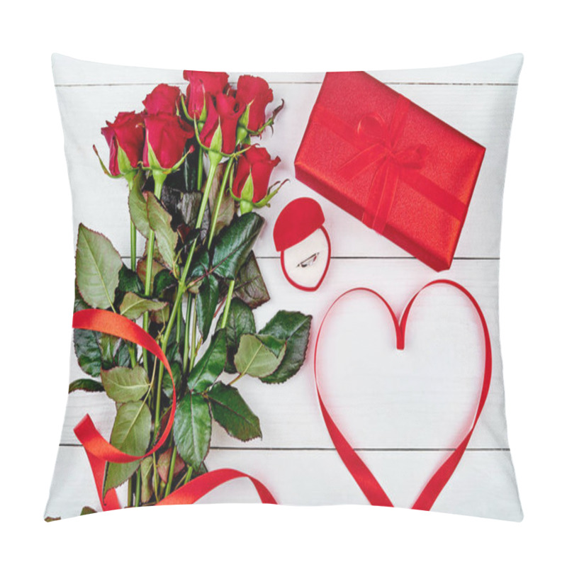 Personality  Valentines Day background with red roses, gift box, ribbon shaped as heart and diamond ring, copy space. Womens Day, Mothers Day, wedding, birthday. Love concept. Top view, flat lay pillow covers